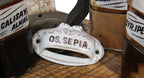 rare late 19th century antique american flush mount white glazed porcelain "os. sepia." apothecary cabinet druggist drawer pull with gold leaf lettering
