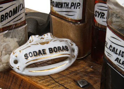 original and intact late 19th century antique american medical apothecary cabinet white porcelain "sodae boras" drawer pulls or handle