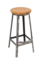 well-built early 20th century antique american four-legged riveted joint angled steel factory stool with solid maple wood seat