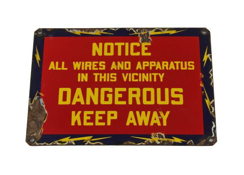 highly desirable original american depression era antique industrial safety first substation "high voltage" porcelain enameled die cut steel steel