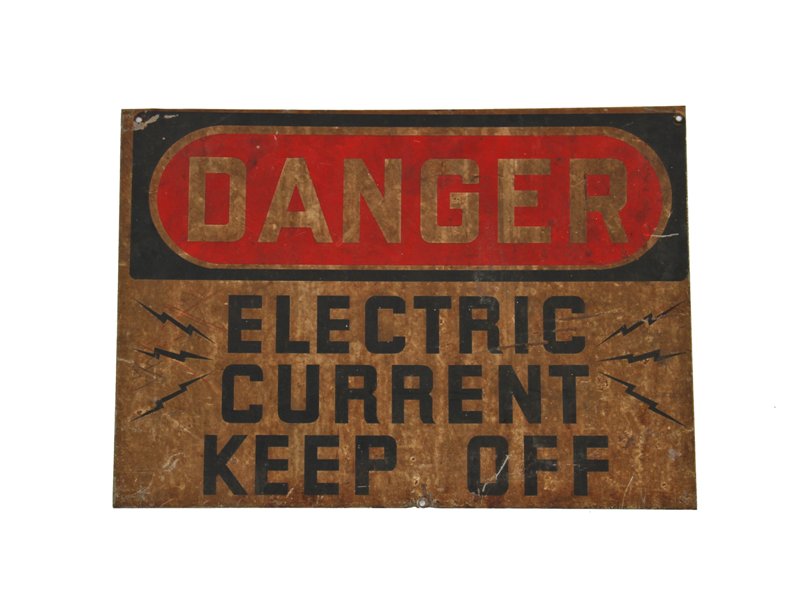original late 1930's american antique industrial single-sided die cut steel "electric current" factory sign with natural timeworn finish