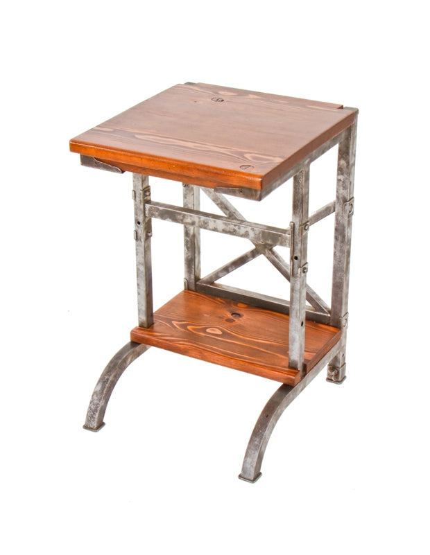 repurposed c. 1920's american antique industrial brushed tubular steel factory office adding machine table base with pine wood top and undershelf