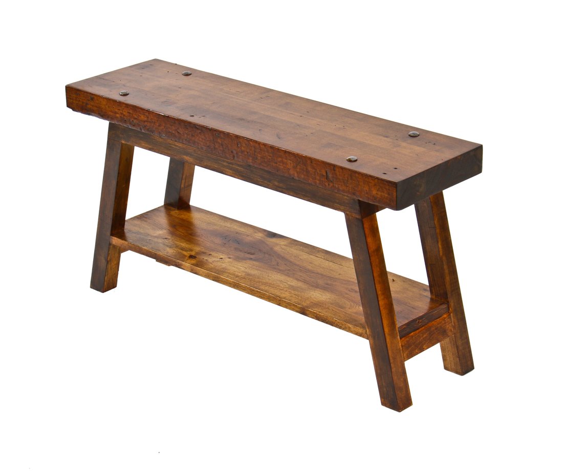very clean and simple hand-crafted american industrial low-lying stationary maple wood sitting bench with a hickory wood undershelf
