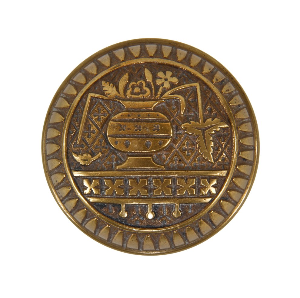 antique american eastlake style ornamental cast brass "broken leaf" pattern banded rim doorknob with potted plant