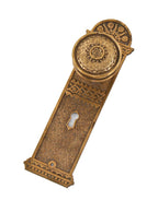 highly sought after early 1880's original ornamental cast bronze "brocade" pattern vestibule door backplate with matching doorknob