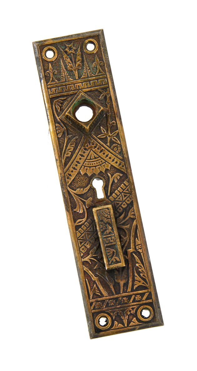 19th century american eastlake style ornamental cast brass "oriental" pattern residential entrance door backplate