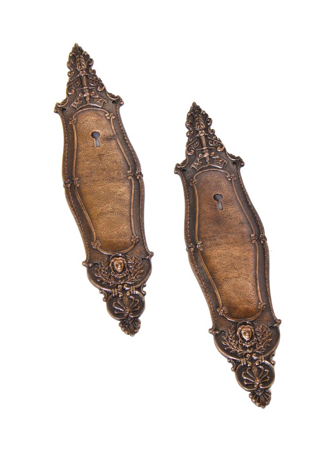 matching set of seldom found original early 20th century "chantilly" pattern ornamental cast bronze residential swinging door push plates