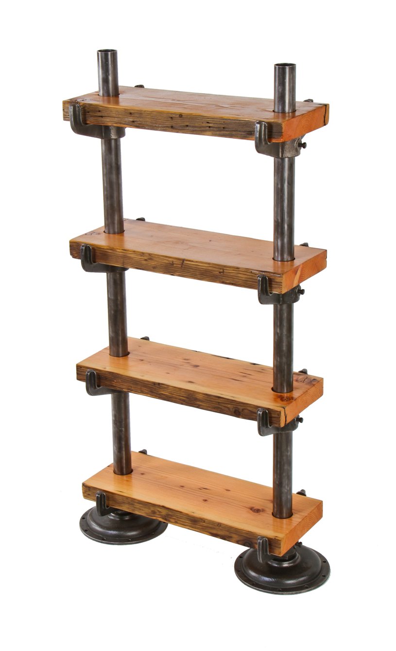 fully adjustable freestanding boylston steam factory "pipe rack" stationary bookshelf with old growth pine wood shelves