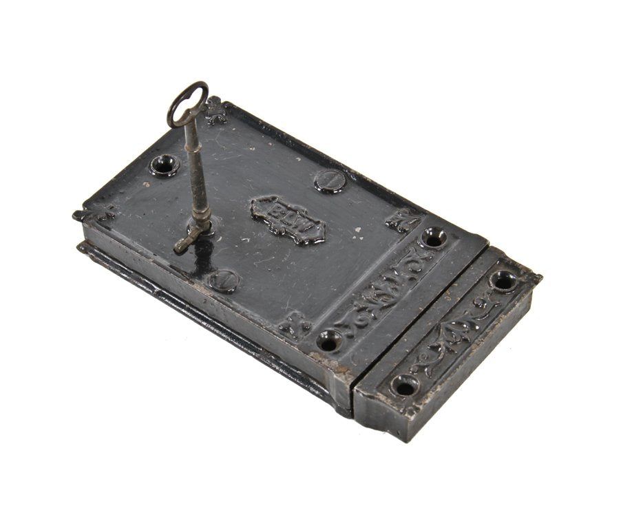 intact and functional 19th century american antique ornamental cast iron flush mount "japanned" interior residential door rim dead lock