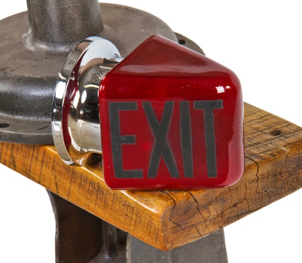 original double-sided flush mount wedge-shaped ruby red glass illuminated exit light wall sconce with chrome shade fitter