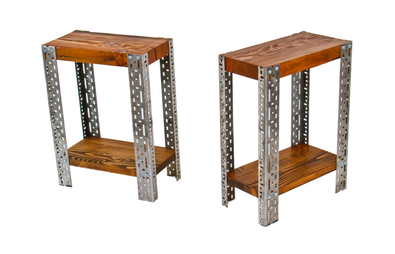 matching set of repurposed c. 1940's vintage american industrial "slotted" acme steel and varnished wood two-tier side tables