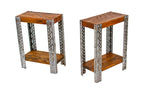 matching set of repurposed c. 1940's vintage american industrial "slotted" acme steel and varnished wood two-tier side tables