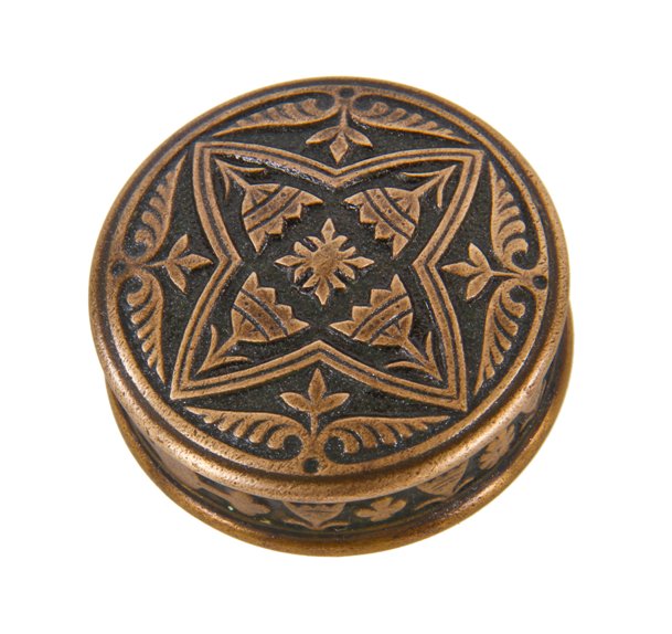 exceptional c. 1880's antique american exterior residential ornamental cast bronze drum-shaped doorknob with recessed rim