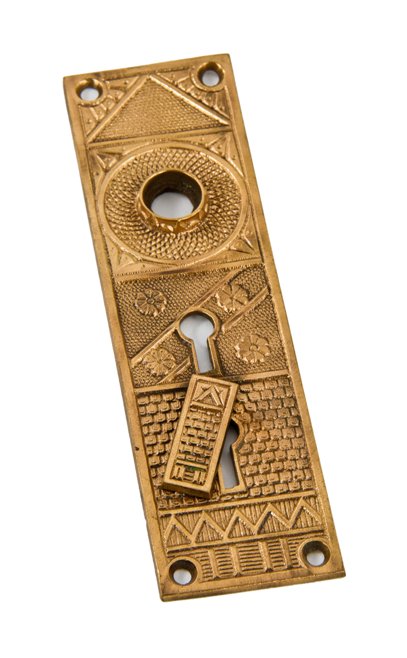 19th century antique american exterior residential ornamental cast bronze "geometric" pattern doorknob backplate with swinging keyhole cover