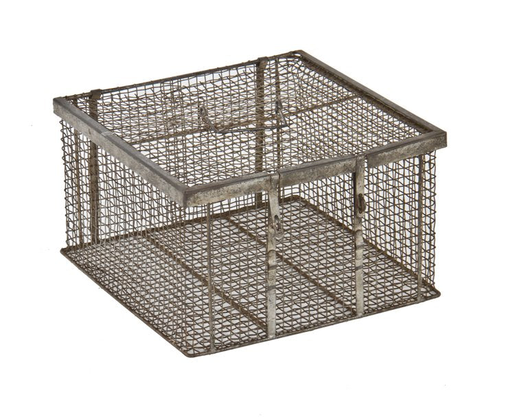 fully enclosed c. 1930's antique american industrial galvanized steel mesh portable basket with two lockable hasps and drop handle