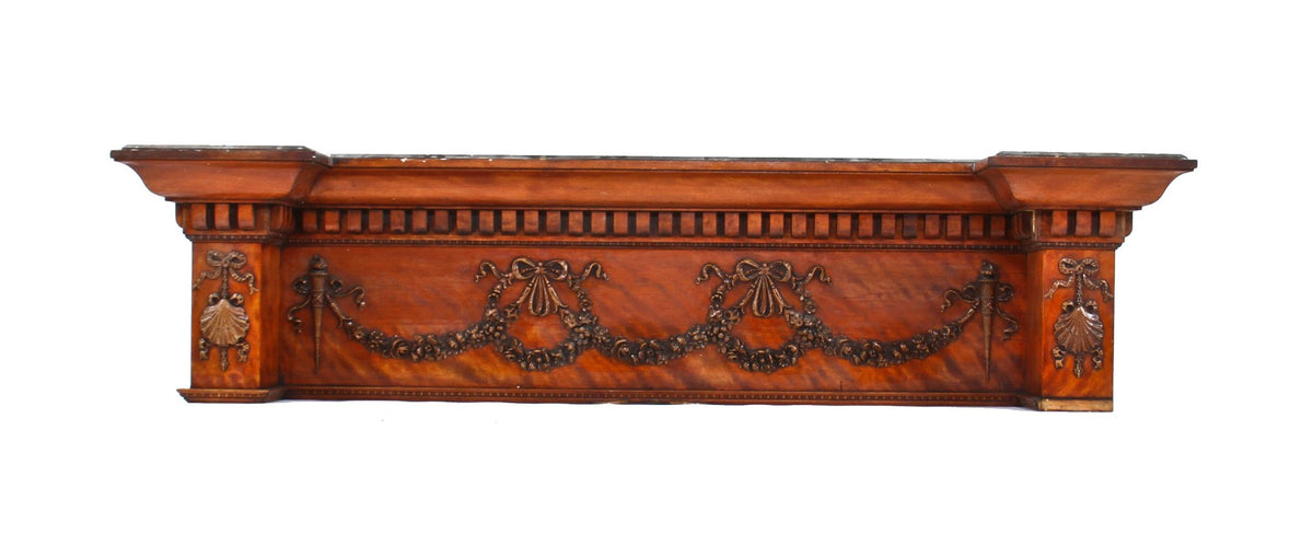 lavish 19th century largely intact "flame" birch and mahogany wood interior residential header section with elaborate gesso ornament