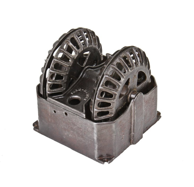 unusual original and completely intact early 20th century american industrial cast iron dual rotary wheel hog or pig oiler with detachable reservoir