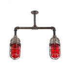reconfigured vintage industrial double "explosion proof" flush mount grain elevator steel pipe fixture with ruby red globes