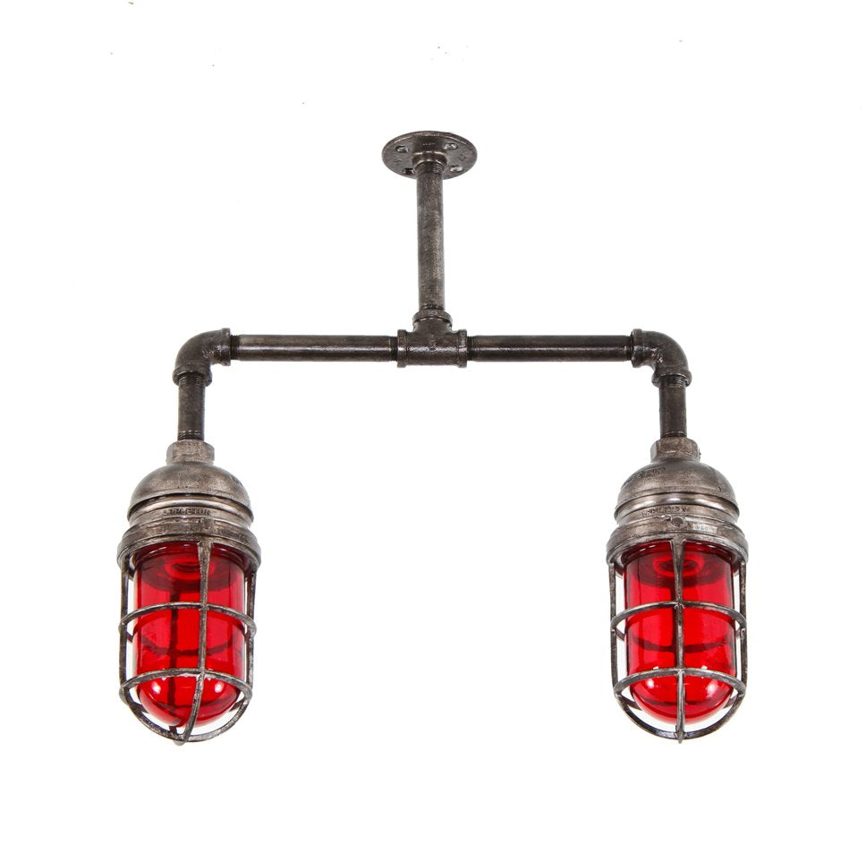 reconfigured vintage industrial double "explosion proof" flush mount grain elevator steel pipe fixture with ruby red globes