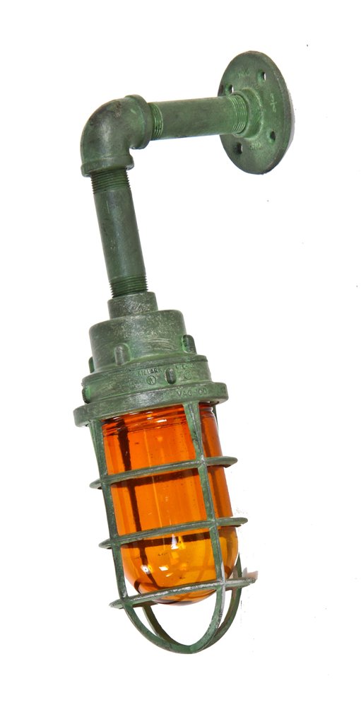 original vintage american industrial single electric "explosion proof" killark factory wall-mount light fixture with old green paint finish