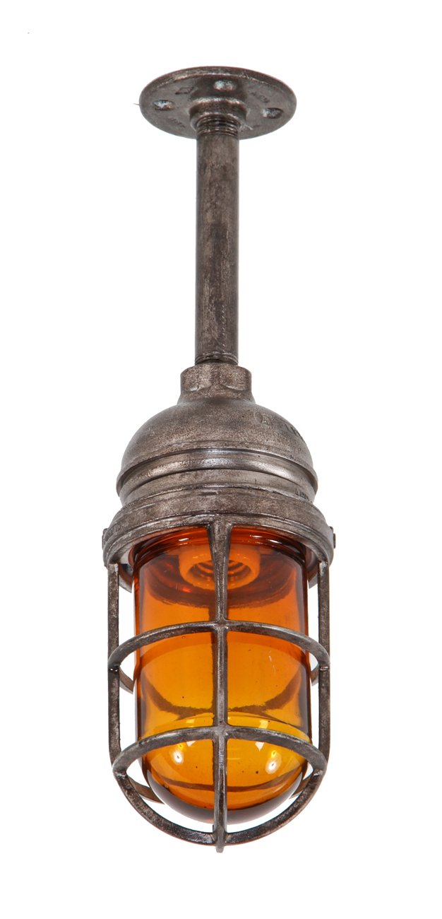 single original vintage american industrial weather-resistant grain elevator ceiling mount single light caged light fixture with amber globe