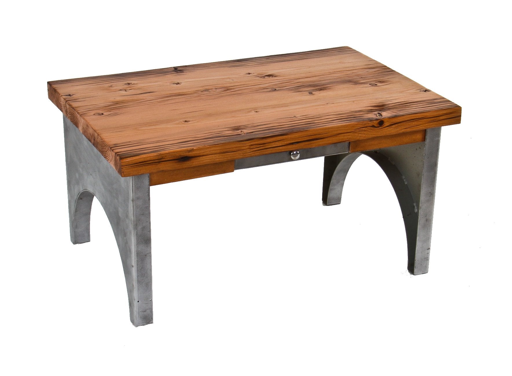 simple and repurposed american industrial stationary low-lying coffee table with brushed metal bases and single sliding drawer