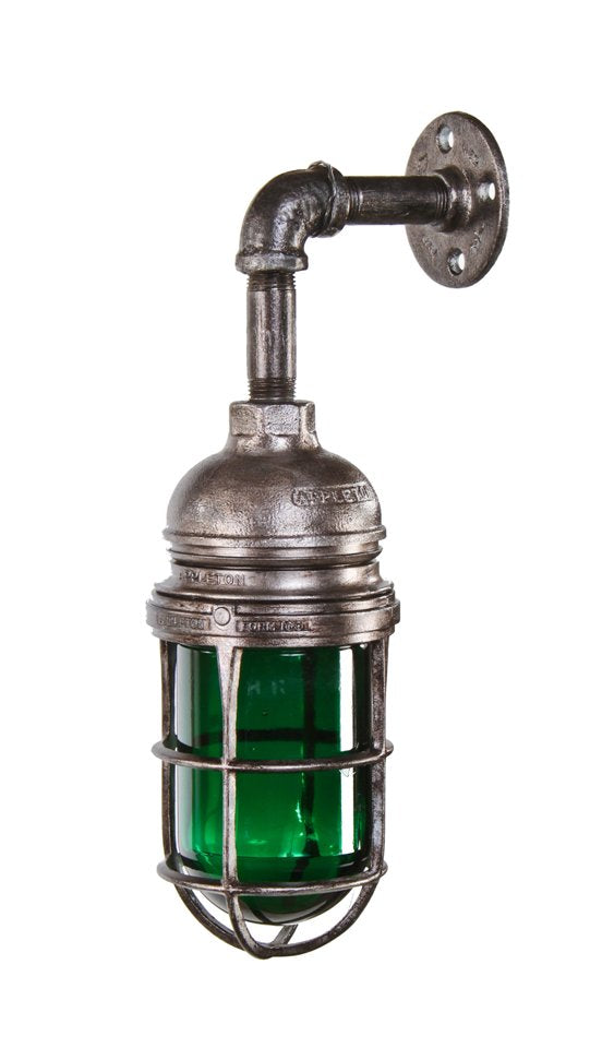 rewired vintage american industrial grain elevator wall-mount "explosion proof" caged light with emerald green glass globe