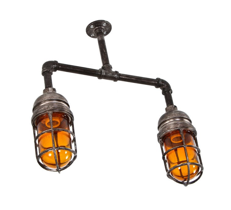 repurposed vintage american industrial flush mount double "explosion-proof" caged light fixture with amber glass globes
