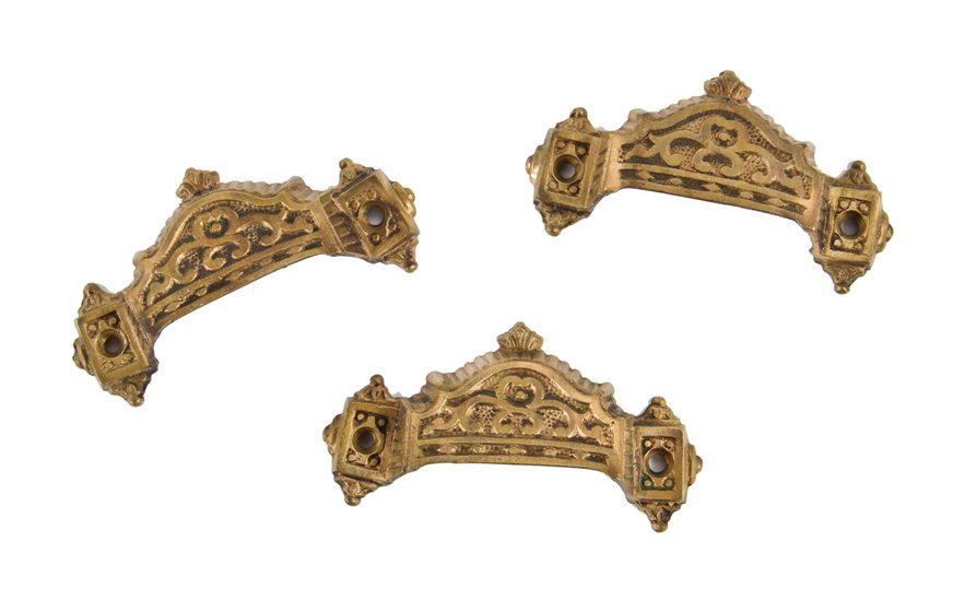 three original and hard to find c. 1870's ornamental cast bronze interior residential pantry cabinet sliding drawer bin pulls or handles