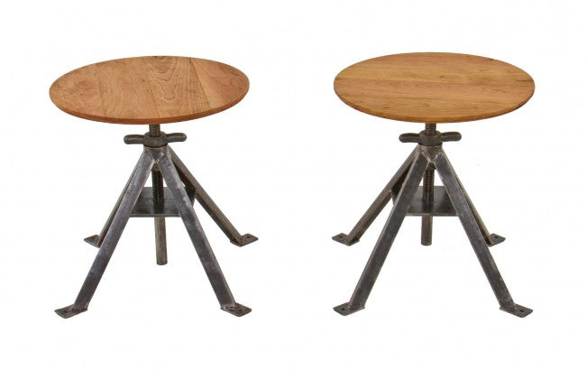 matching set of repurposed vintage american industrial adjustable height angled iron axle stand side tables with newly added cherry wood tops
