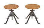 matching set of repurposed vintage american industrial adjustable height angled iron axle stand side tables with newly added cherry wood tops