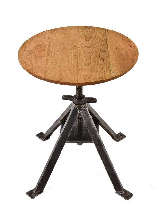 matching set of repurposed vintage american industrial adjustable height angled iron axle stand side tables with newly added cherry wood tops