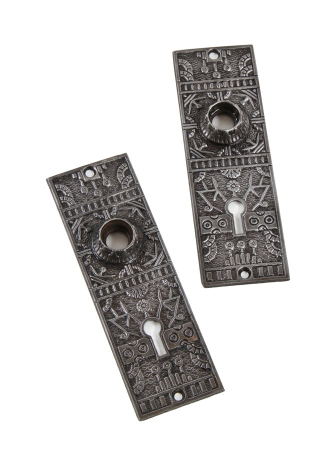 set of original 1880's antique american eastlake style interior residential passage door "windsor" pattern doorknob backplates