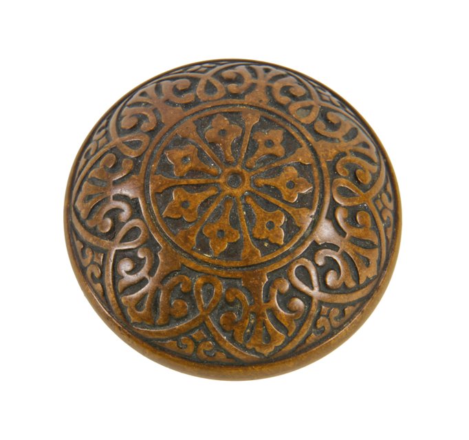 nicely aged original c. 1870's antique american ornamental cast bronze dome-shaped doorknob with banded edge