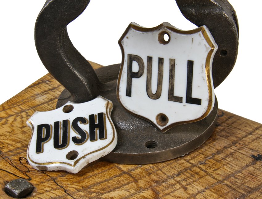 set of unique 19th century antique american flush mount glazed ceramic "push" and "pull" hand-painted commercial store door plaques