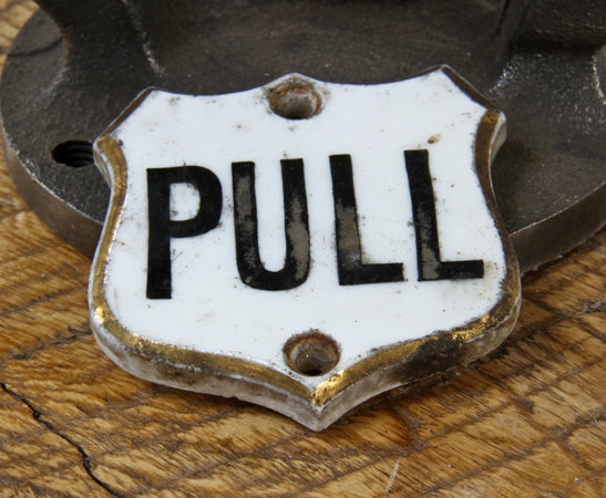 all original 19th century single-sided white glazed ceramic exterior commercial store door "pull" plaque with hand-painted lettering