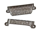 two matching original 1880s ornamental cast iron figural anglo-japanese residential cabinet drawer pulls with brushed metal finish