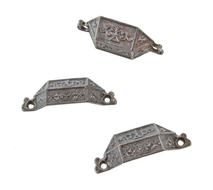three matching c. 1870's antique american refinished ornamental cast iron furniture cabinet drawer or bin pulls