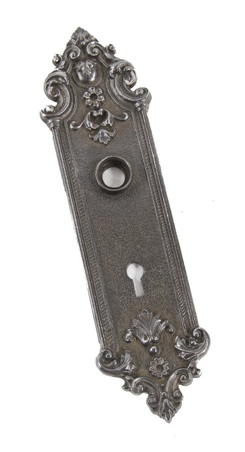 original early 20th century refinished ornamental cast iron antique american interior residential passage door backplate or escutcheon