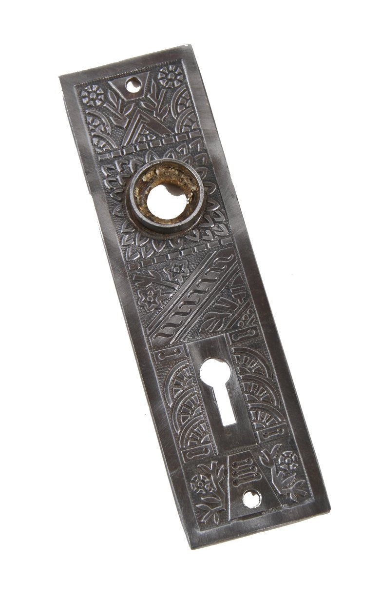 "windsor" pattern interior residential ornamental wrought steel passage door backplate with lightly incised floral motfis