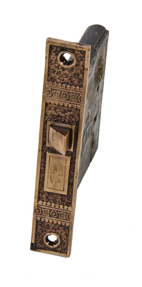 c. 1880's antique american eastlake style interior residential "ivy" pattern mortise lock with ornamental bronze faceplate