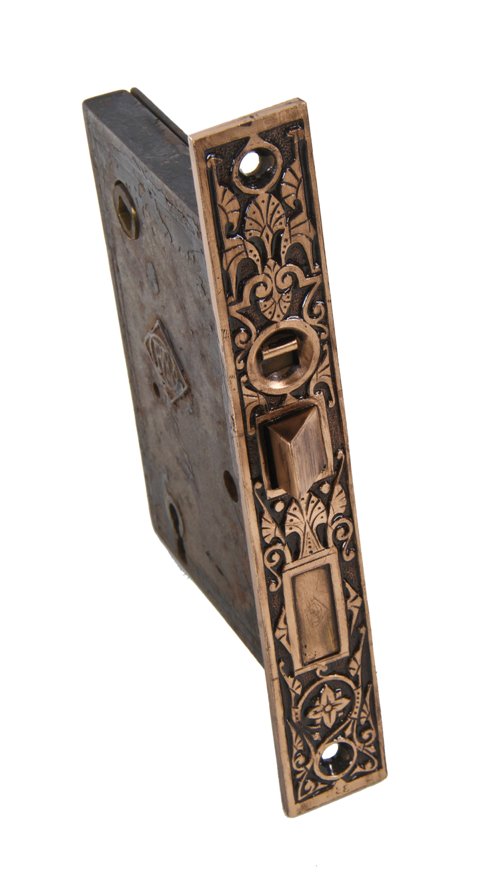 fully functional oversized 19th century antique american decorative entrance door mortise lock with solid bronze faceplate