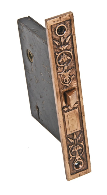 oversized early 1870's antique american ornamental cast bronze vestibule door mortise lock with intact dead and latch bolts