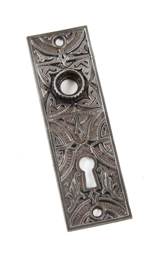 ornamented cast iron 19th century antique american interior residential passage door backplate with fluted thimble