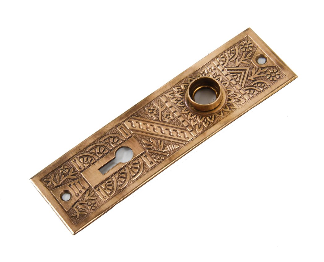 19th century american eastlake style ornamental wrought bronze "windsor" pattern residential passage door backplate