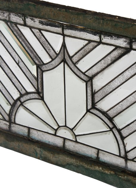 astonishing late 1880's oversized antique american victorian era residential transom window with combination bevel and textured glass "sun ray motif"