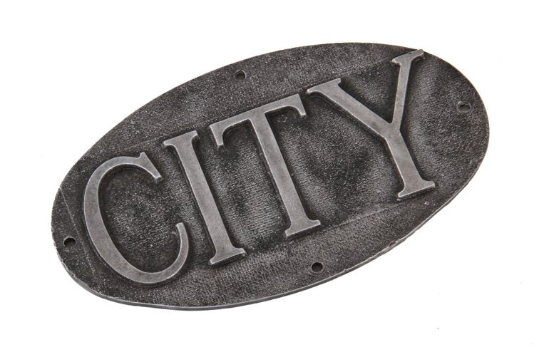 unique c. 1930's oval-shaped vintage american industrial single-sided cast aluminum deeply embossed "city" surface mount plaque