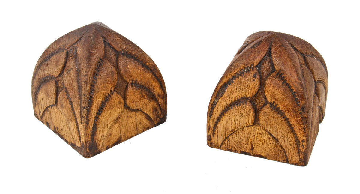 two matching c. 1890's american antique victorian era hand-carved solid oak wood interior residential newel post caps with allover leafage