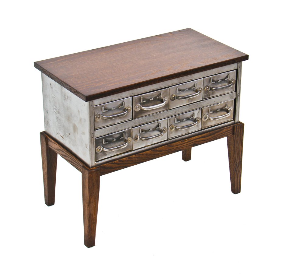 beautifully repurposed c. 1940's vintage american industrial compartmentalized steel cabinet with newly created oak wood four-legged base and tabletop