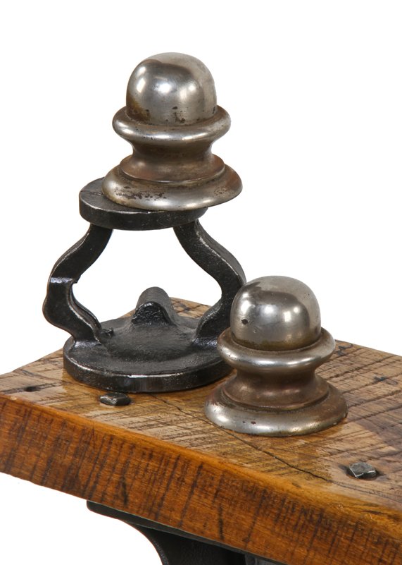 pair of original and intact c. 1920's interior noel bank building vault door acorn-shaped hinge finials comprised of solid steel with nickel-plated finish